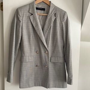 Zara Basic Plaid Gray Blazer with Silver Buttons